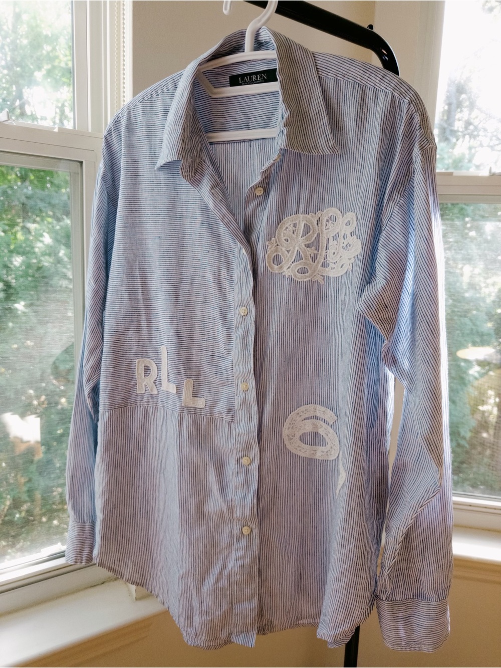 Ralph Lauren Women Blue Stripe Linen Button Down Shirt Embroidered Logo